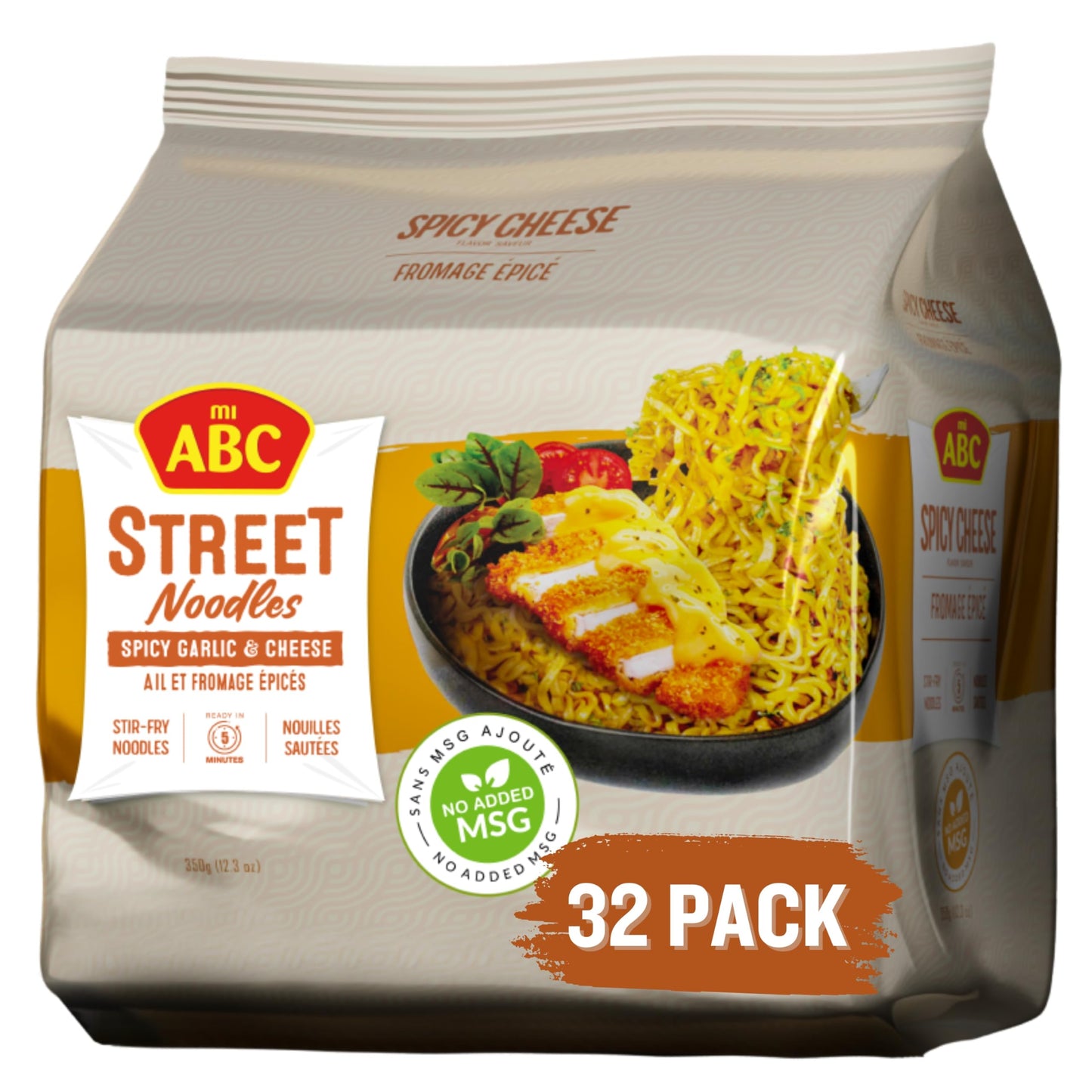 ABC Spicy Garlic & Cheese Street Noodles, 12.3 Oz (Pack of 32), Creamy, Spicy & Cheesy Stir Fry Instant Ramen, 9g Protein, No MSG, No Artificial Flavors or Colors, Halal