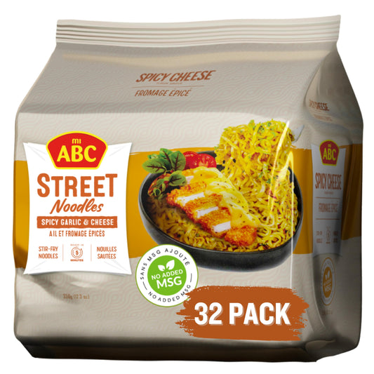 ABC Spicy Garlic & Cheese Street Noodles, 12.3 Oz (Pack of 32), Creamy, Spicy & Cheesy Stir Fry Instant Ramen, 9g Protein, No MSG, No Artificial Flavors or Colors, Halal