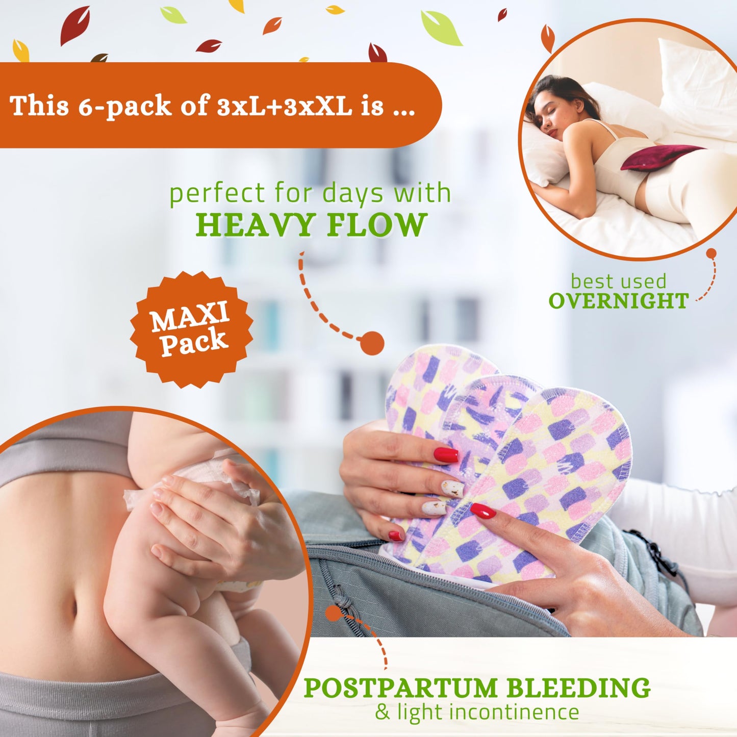 Non Slip Reusable Pads Menstrual Heavy Flow 6-Pack (L+XL) Organic Cotton Cloth Menstrual Pads & Non Slip Reusable Panty Liners for Women 7-Pack (M) Panty Liner Washable for Women & Teens