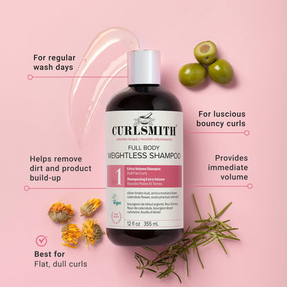 CURLSMITH Full Body Weightless Shampoo - A Volumizing Shampoo for Curls, Removes Build-up and Cleanses, For All Curl Types, Vegan & Cruelty Free (12 oz)