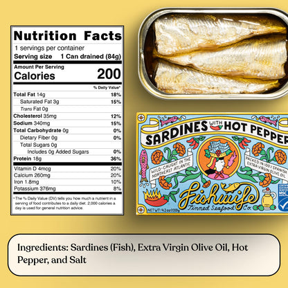 Fishwife Sardine Quad 4-Pack (2x Sardines with Lemon, 2x Sardines with Hot Pepper) | Wild-Caught & Hand-Packed with Spanish Extra Virgin Olive Oil | MSC-Certified Sustainable Seafood, High Protein, Gluten Free, Paleo Friendly, Keto Friendly, Omega-3s