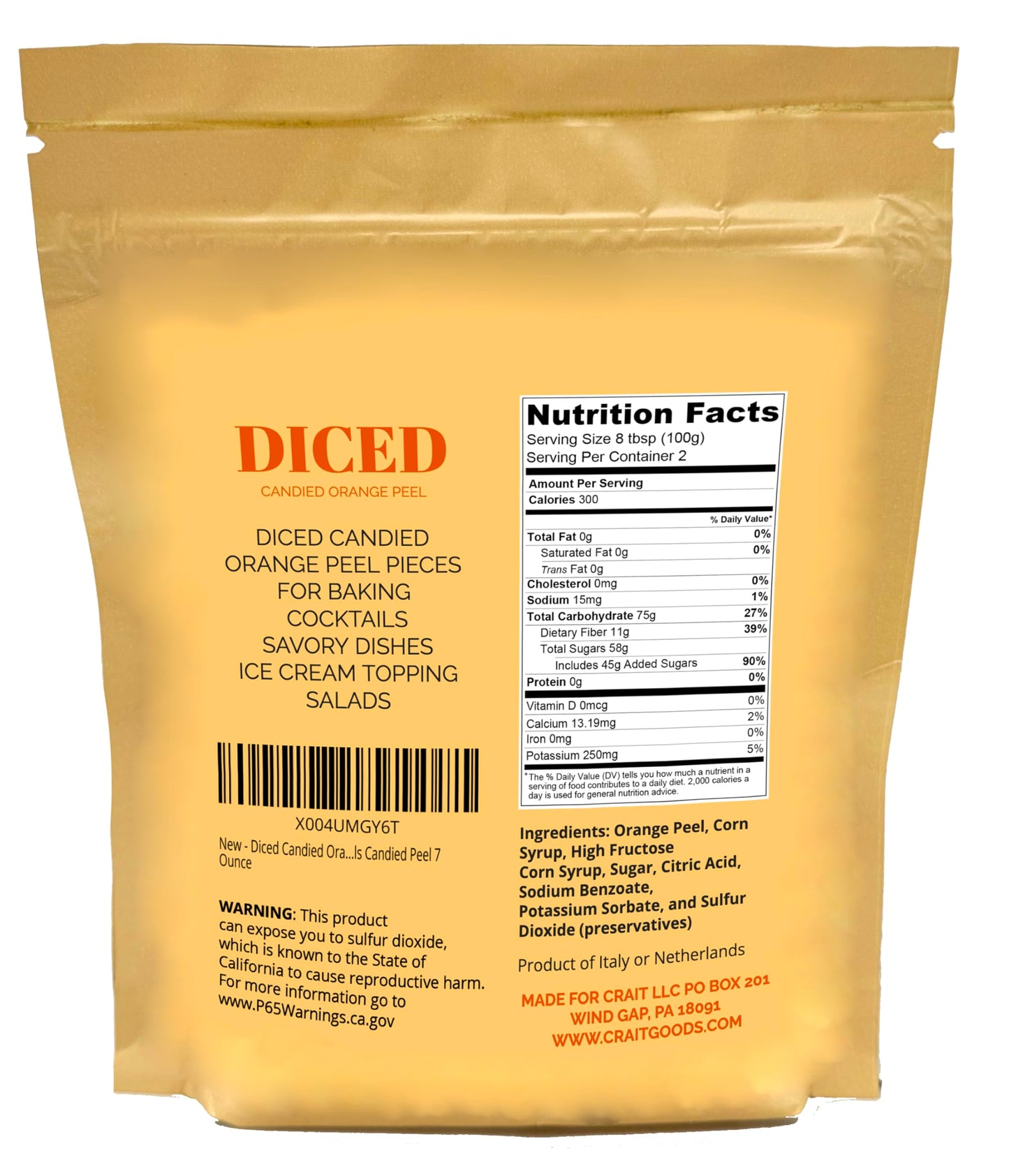Candied Orange Peel, Diced Candied Orange Peel for Baking, Cocktails Garnish, Candied Peel 7 Ounce