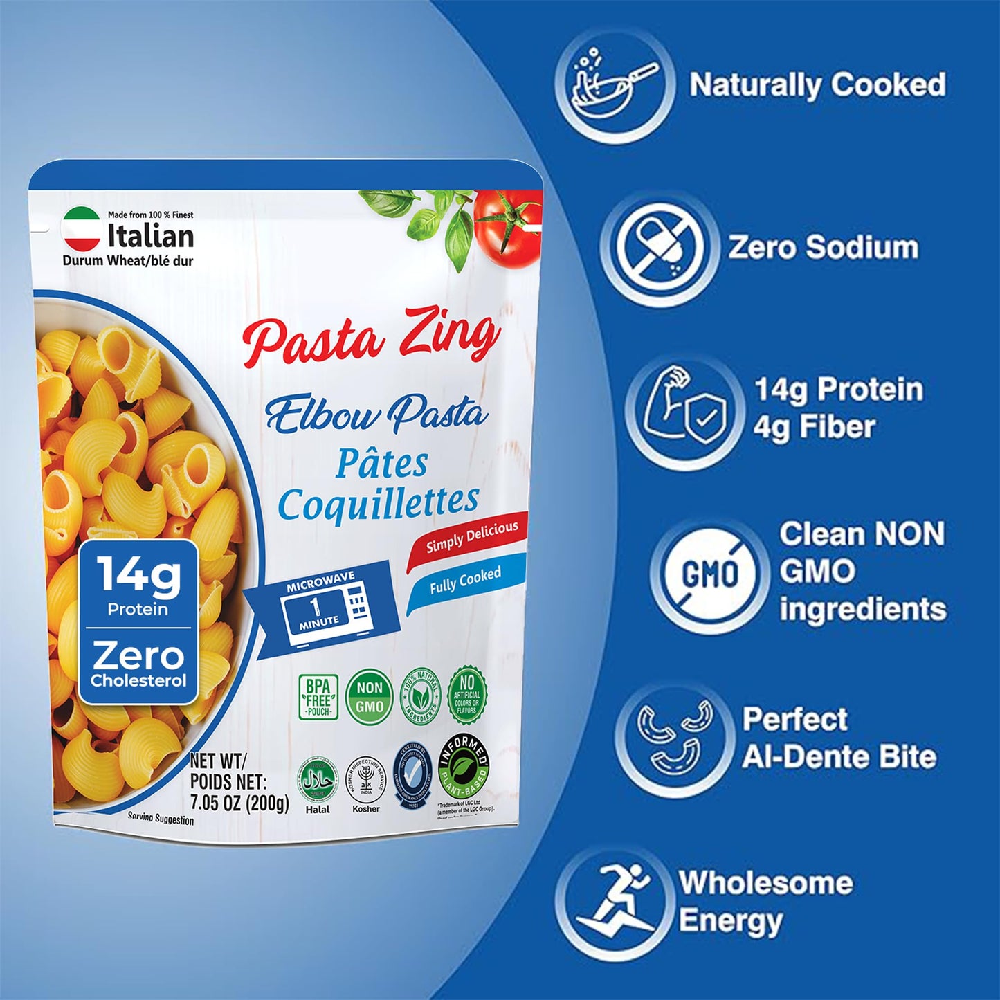 Pasta Zing Elbow Pasta, 100% Durum Wheat, 14g Protein, Made with 2 Clean Ingredients, Al Dente Bite, Zero Sodium & Cholesterol, Non-GMO, 7.05oz Pack of 7