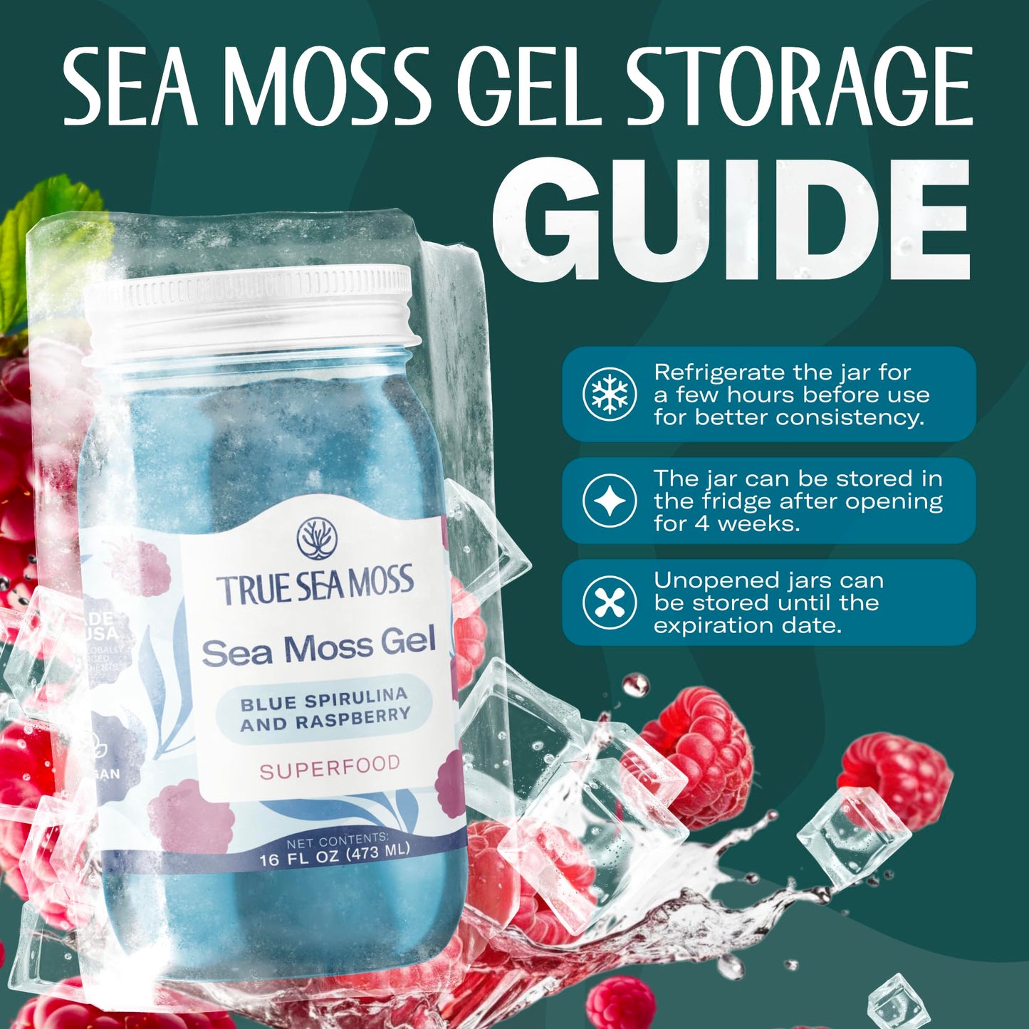 TrueSeaMoss Sea Moss Gel – Made in USA – Wildcrafted Seamoss, Fruits & Jarred Vegetables – Blue Spirulina, Pack of 1 (Labels may Vary)