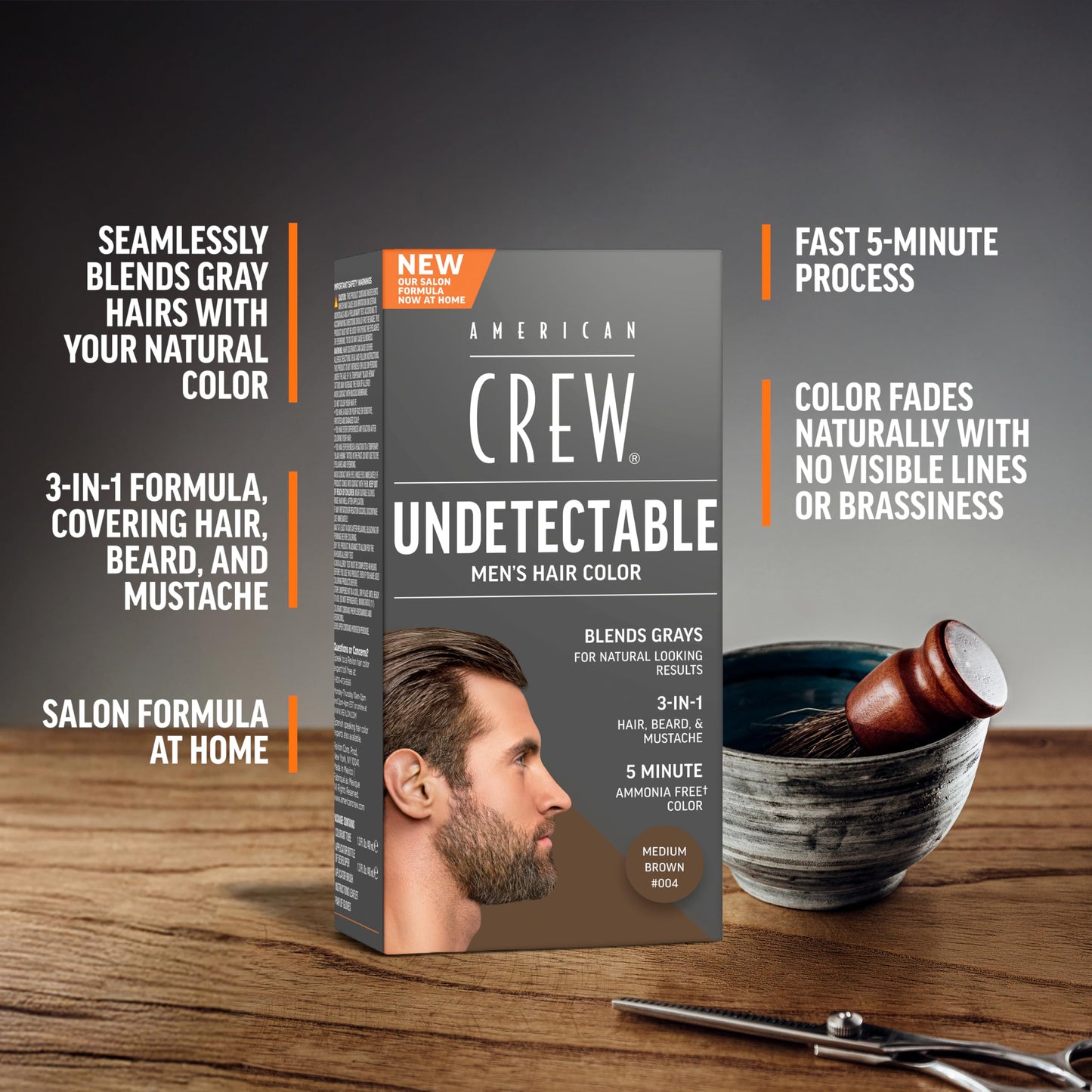 American Crew Undetectable Men's Hair Color |Medium Brown Demi-Permanent Hair Dye | Natural-Looking Gray Coverage for Men, 004 Medium Brown, 1 pack
