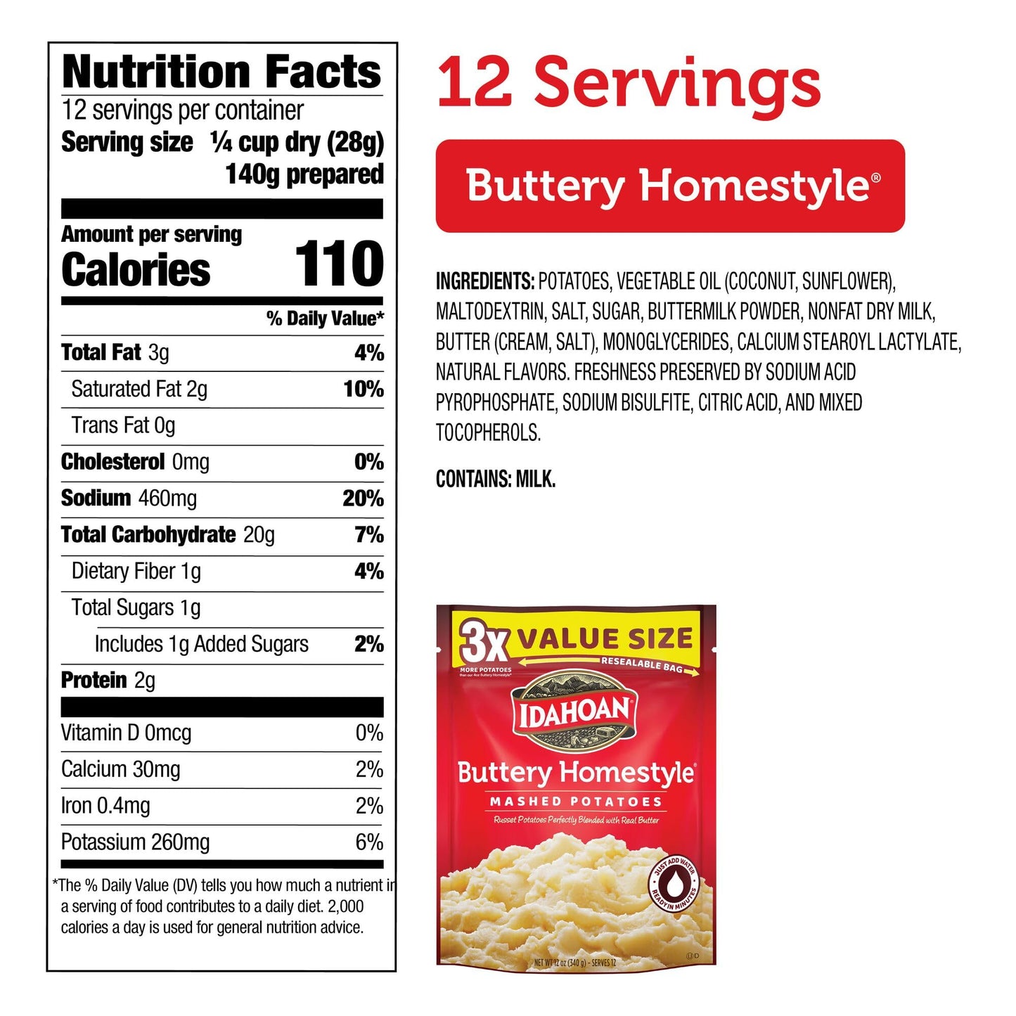 Idahoan Buttery Homestyle Value Size Mashed Potatoes, Naturally Gluten-Free, 100% Real Idaho potatoes, No Artificial Flavors or Dyes, 12 servings per bag, 12 oz (Pack of 8)
