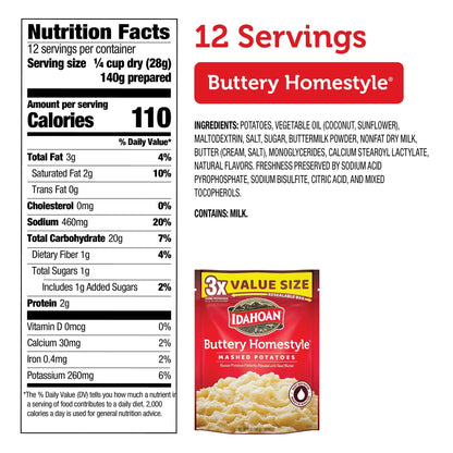 Idahoan Buttery Homestyle Value Size Mashed Potatoes, Naturally Gluten-Free, 100% Real Idaho potatoes, No Artificial Flavors or Dyes, 12 servings per bag, 12 oz (Pack of 8)