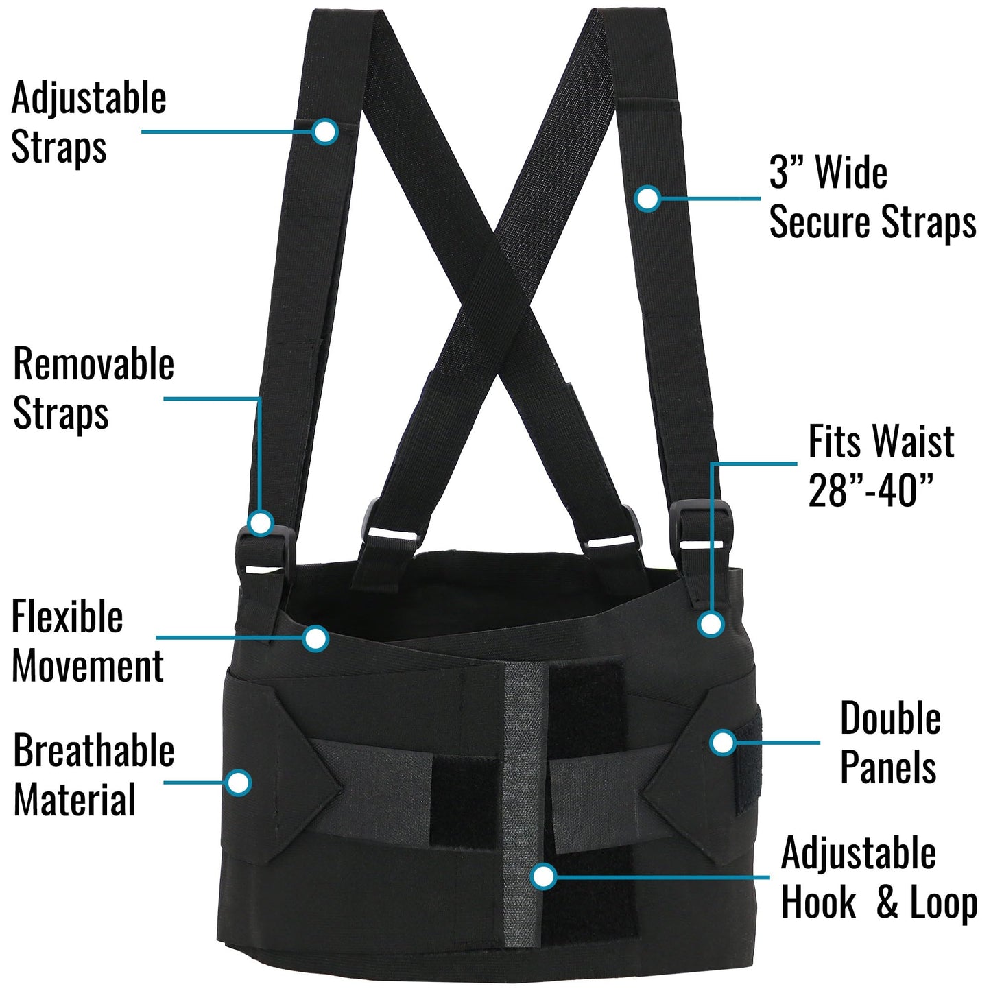 DMI Deluxe Work Belt Back Support Brace Lumbar Support with Adjustable, Removable Shoulder Straps, Fits 28-40, Black