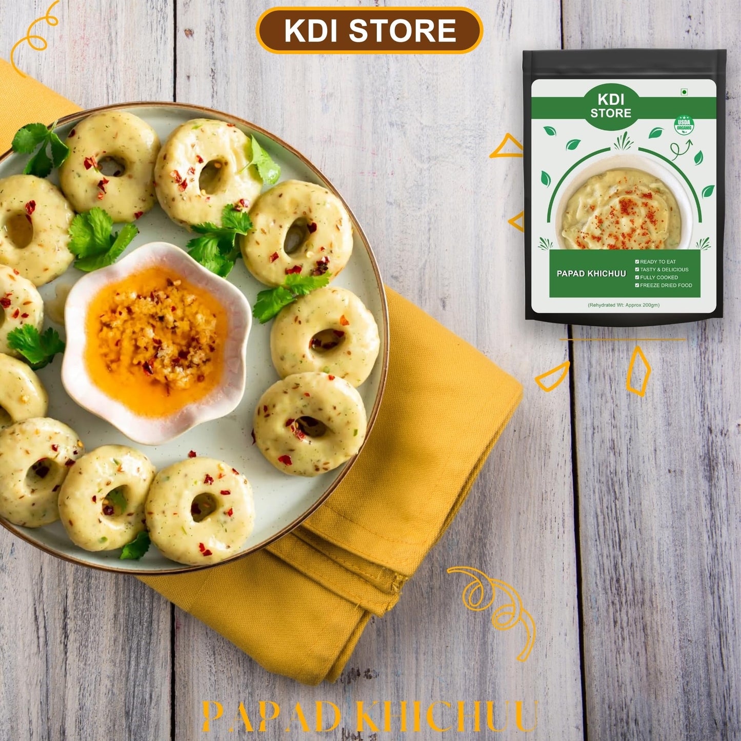 KDI Store Papad Khichuu, Ready to Eat Gujarati Snack, USDA Organic, Freeze Dried, Fully Cooked, 35g