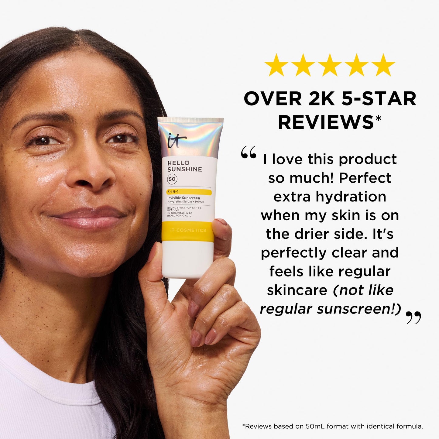 IT Cosmetics Hello Sunshine Invisible Sunscreen for Face SPF 50 - Sunscreen, Hydrating Serum & Makeup Primer - 1% Pro-Vitamin B5 & Hyaluronic Acid - HSA/FSA Eligible - No White Cast