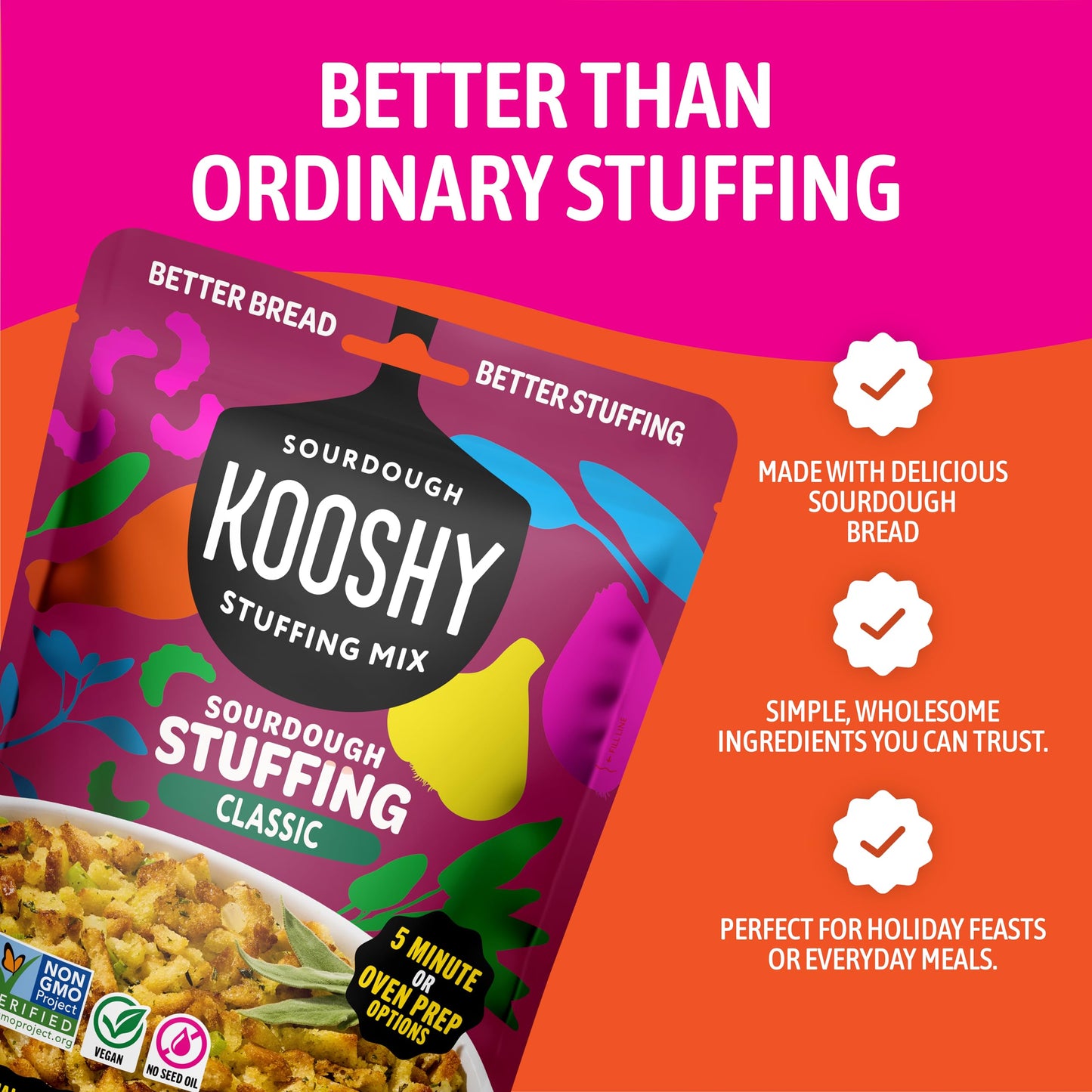 Kooshy Stuffing Mix | Sourdough Stuffing Mix | Vegan No Seed Oil Thanksgiving Dinner Side & Pantry Staple | Stove or Oven Prep (6 oz Bag | 3 Pack)