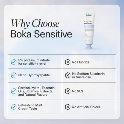 Boka Sensitive Toothpaste - Sensitive Teeth Relief, Fluoride Free, Nano Hydroxyapatite, Potassium Nitrate for Tooth Sensitivity and Protection for Adults - Mint Coconut Cream, 4 Fl Oz, 1 Pk