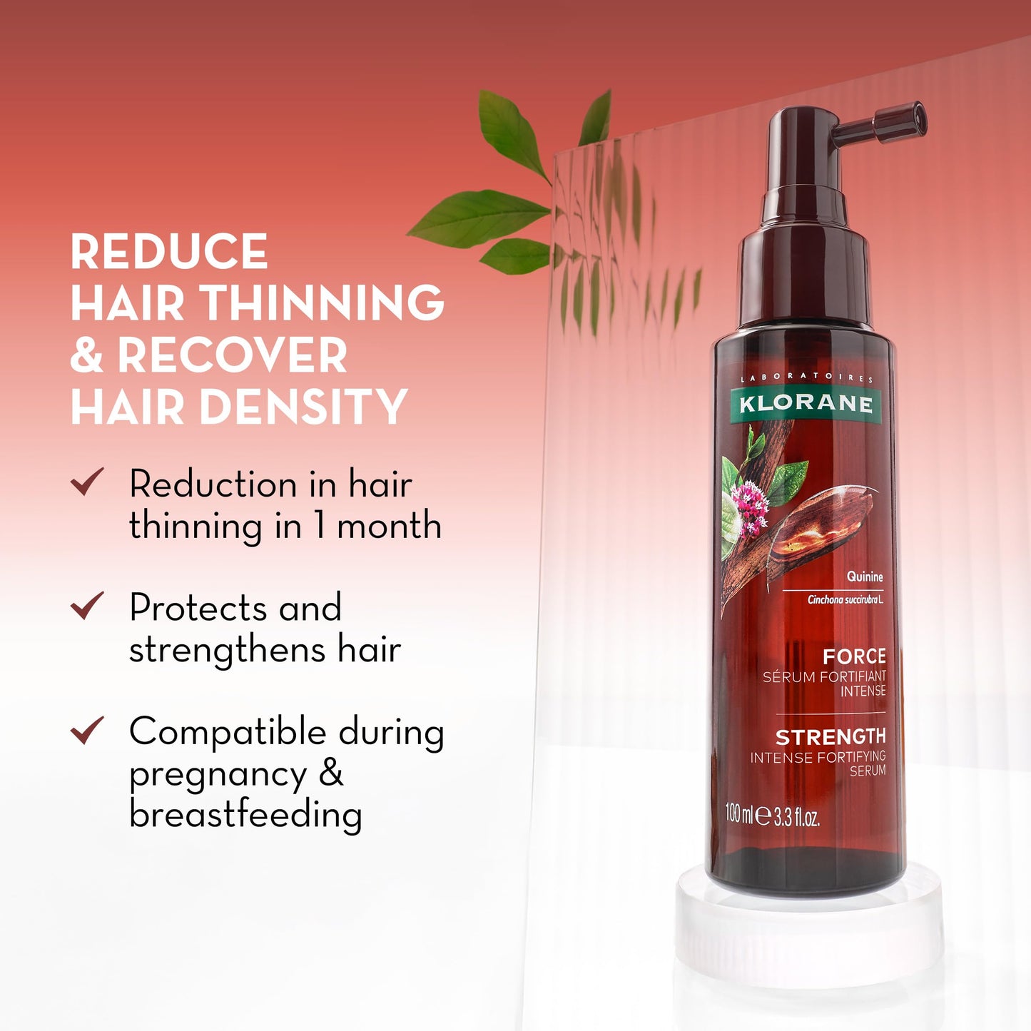 Klorane Intense Strengthening Serum with Quinine - Natural Alternative for Hair Thinning - Support Thicker, Stronger, Healthier Hair - Men & Women - Non-Greasy, Leave-in Formula - 3.3 fl. oz.