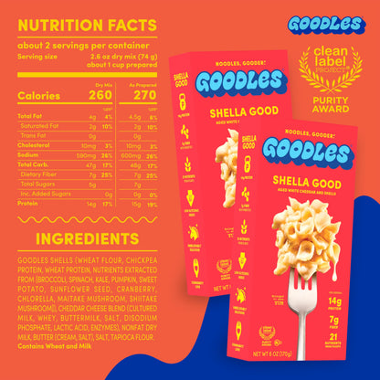 Goodles Shella Good Aged White Cheddar and Shells Pasta - Nutrient Packed with Real Cheese, Fiber, Protein, Prebiotics, Plants, & Vegetables | Non-GMO, Organic Ingredients
