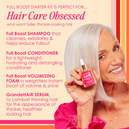 Grande Cosmetics GrandeHAIR Full Boost Starter Kit - Travel Size Shampoo, Conditioner, Volumizing Foam & Enhancing Serum - for Fuller & Thicker-Looking Hair