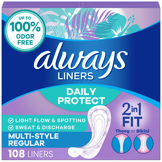 Always Daily Protect Multi-Style Liners, Regular Length, Unscented Panty Liners, Up to 100% Odor Free and Fragrance Free, Cleanguard Quilted Core Absorbs Wetness and Odors, 108 Count