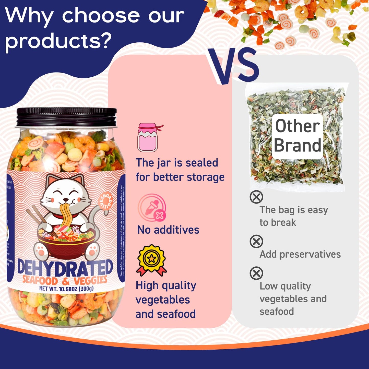 Dehydrated Freeze-Dried Seafood & Vegetable Mix - 100% Natural Ramen Toppings for Soups, 11 Mixed Ingredients, No additions, Ideal for Cooking, Pizza, Emergency Supply, 10.58OZ