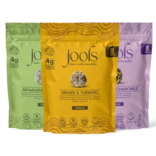 Jools High Fiber Date Bites Variety Pack | No Added Sugar, Plant-Based Superfood Snack with Ashwagandha & Maca, Ginger & Turmeric, Chamomile & Lavender - Vegan, Gluten Free - 3 Pack