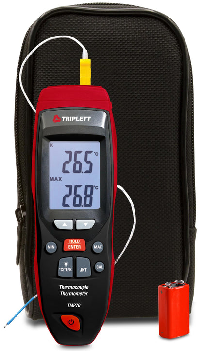 Triplett TMP70 Single Input Type K, J, T Thermocouple Thermometer, -418 to 2502°F, HVAC Temperature Gauge with Data Hold, MAX/MIN