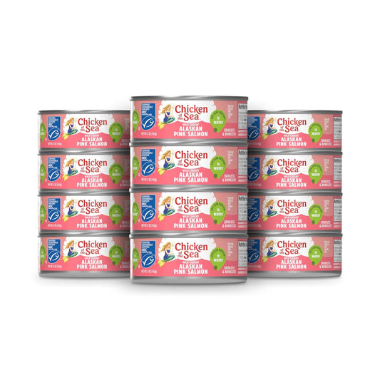 Chicken of the Sea Alaskan Pink Canned Salmon in Water with 25% Less Sodium, 5oz Cans, 12-Count – High Protein Skinless, Boneless Wild Caught Salmon – Delicious Wild Salmon for Burgers, Pasta, More