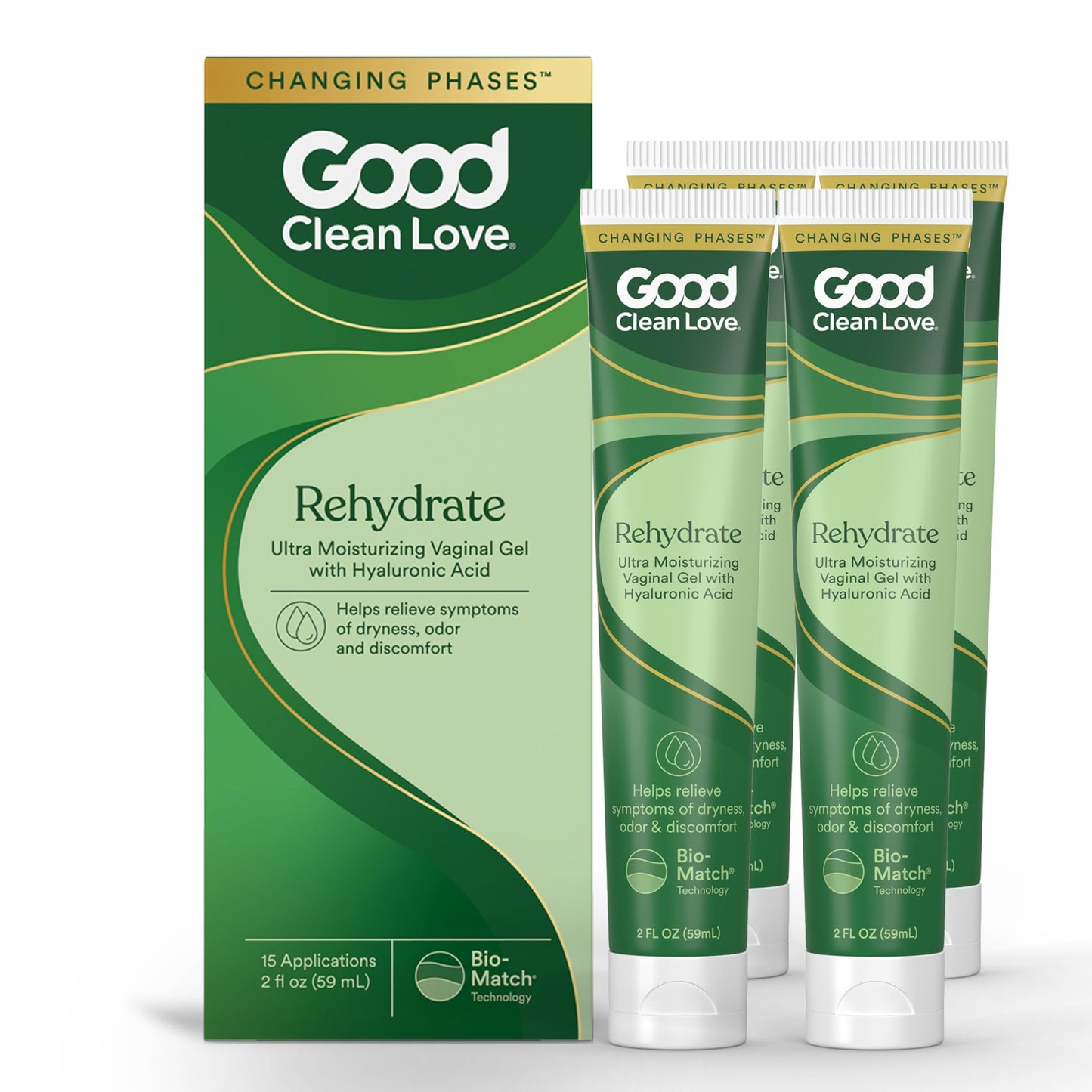 Good Clean Love Rehydrate Ultra Moisturizing Vaginal Gel with Hyaluronic Acid, pH-Balanced Vaginal Moisturizer, Water-Based Feminine Care, Long Lasting Relief from Dryness & Discomfort, 2 Oz (4-Pack)