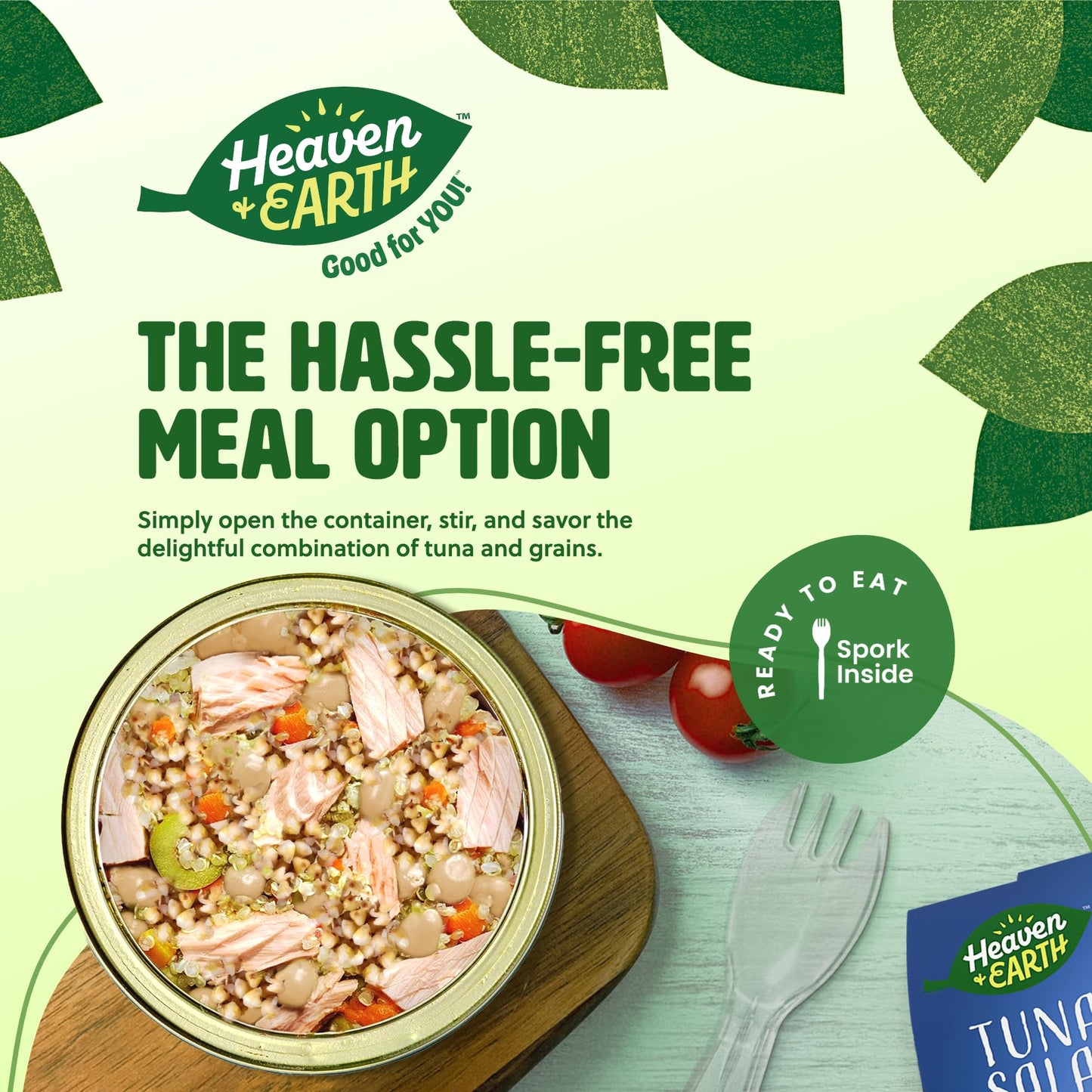 Heaven & Earth Ready to Eat Tuna Salad, Beans & Four Grains, 5.64oz (4 Pack) | Tuna in Olive Oil. Beans, Wheat, Spelt, Oats, Barley & Olives | Nutrition Packed | Travel Friendly Meals | Spork Included | Kosher