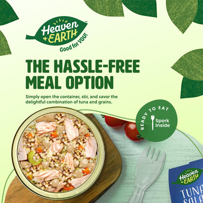 Heaven & Earth Ready to Eat Tuna Salad, Beans & Four Grains, 5.64oz (4 Pack) | Tuna in Olive Oil. Beans, Wheat, Spelt, Oats, Barley & Olives | Nutrition Packed | Travel Friendly Meals | Spork Included | Kosher