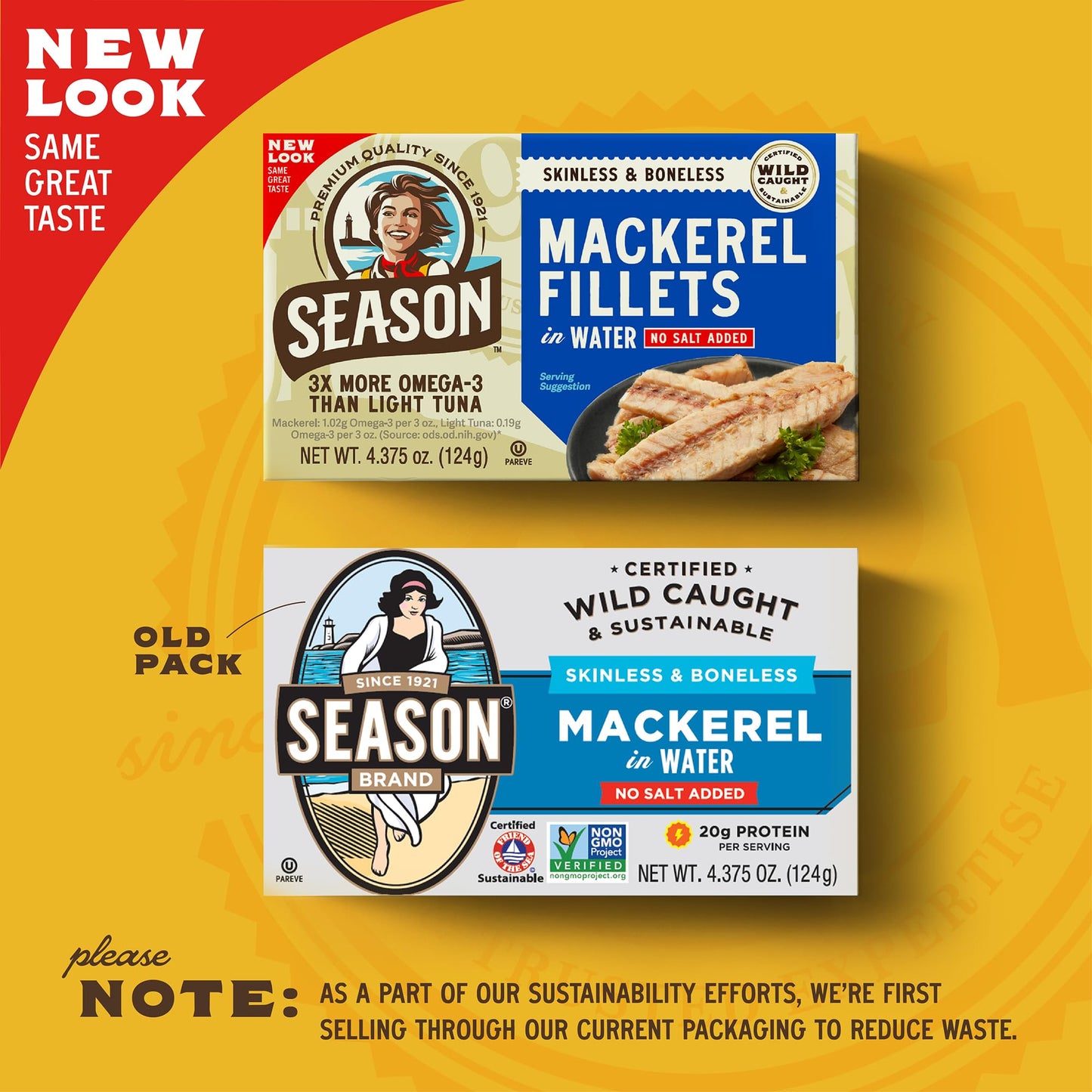 Season Mackerel in Water - Skinless & Boneless, No Salt Added, Wild Caught, Keto Snacks, Canned Mackerel Fillets, Full of Vitamins, Low in Mercury, Kosher, Non-GMO, 20g of Protein - 4.37 Oz, 24-Pack