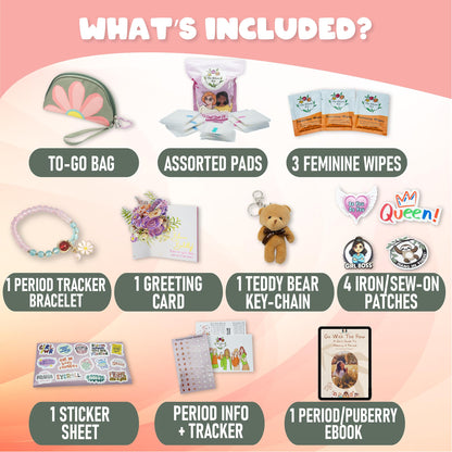 The Bloom First Period Kit for Girls 9-12 - 90 PC Period Starter Kit for Tweens - School Emergency Kit for Teen Girls with Cute Little Bags - First Period Gift Box (Green & Pink) Pack of 3