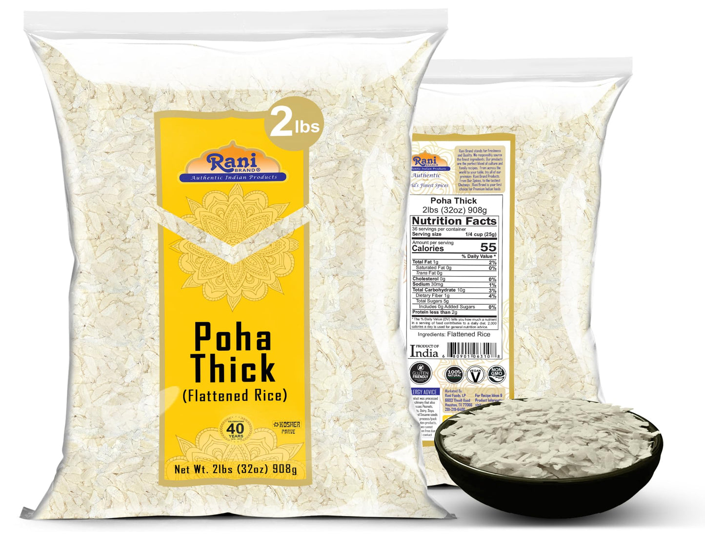 Rani Poha (Powa) Thick Medium-Cut (Flattened Rice) 32oz (2lbs) 908g ~ All Natural, Salt-Free | Vegan | Kosher | No Colors | Gluten Friendly | Indian Origin