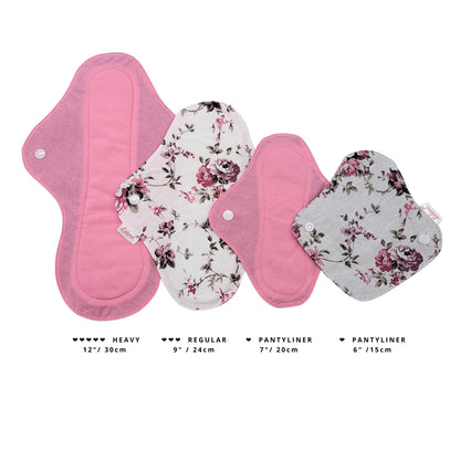 Lilind® 12 Pack Organic Cloth Pads on Vintage Flowers with Wet Bag, Jumbo Starter Set, Reusable Washable Menstrual Sanitary Napkins, Waterproof Family Cloth, Zero Waste 100% Cotton