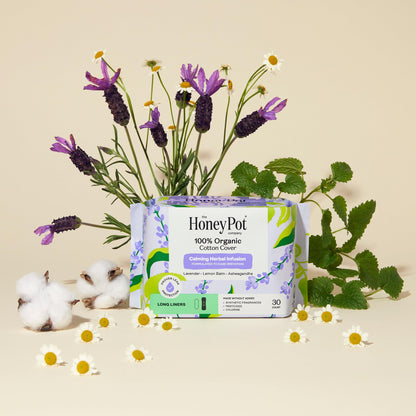 Honey Pot - Calming Long Panty Liners for Women - 100% Organic Cotton Top Sheet - Feminine Care - Non Cooling - Calming Herbs of Lavender, Ashwagandha, & Lemon Balm - 30ct