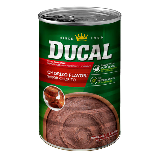 Ducal Refried Red Beans Chorizo Flavored, 15 Oz (Pack of 24) - Excellent Source in Protein And Iron, Cholesterol Free - Instant Vegetarian Refried Red Beans, Non-GMO And Gluten-Free