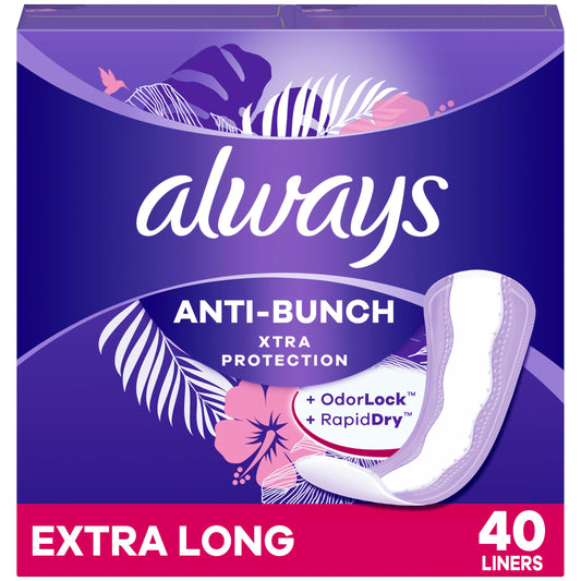 Always Anti-Bunch Xtra Protection Daily Liners Extra Long Unscented, Anti Bunch Helps You Feel Comfortable, 40 Count