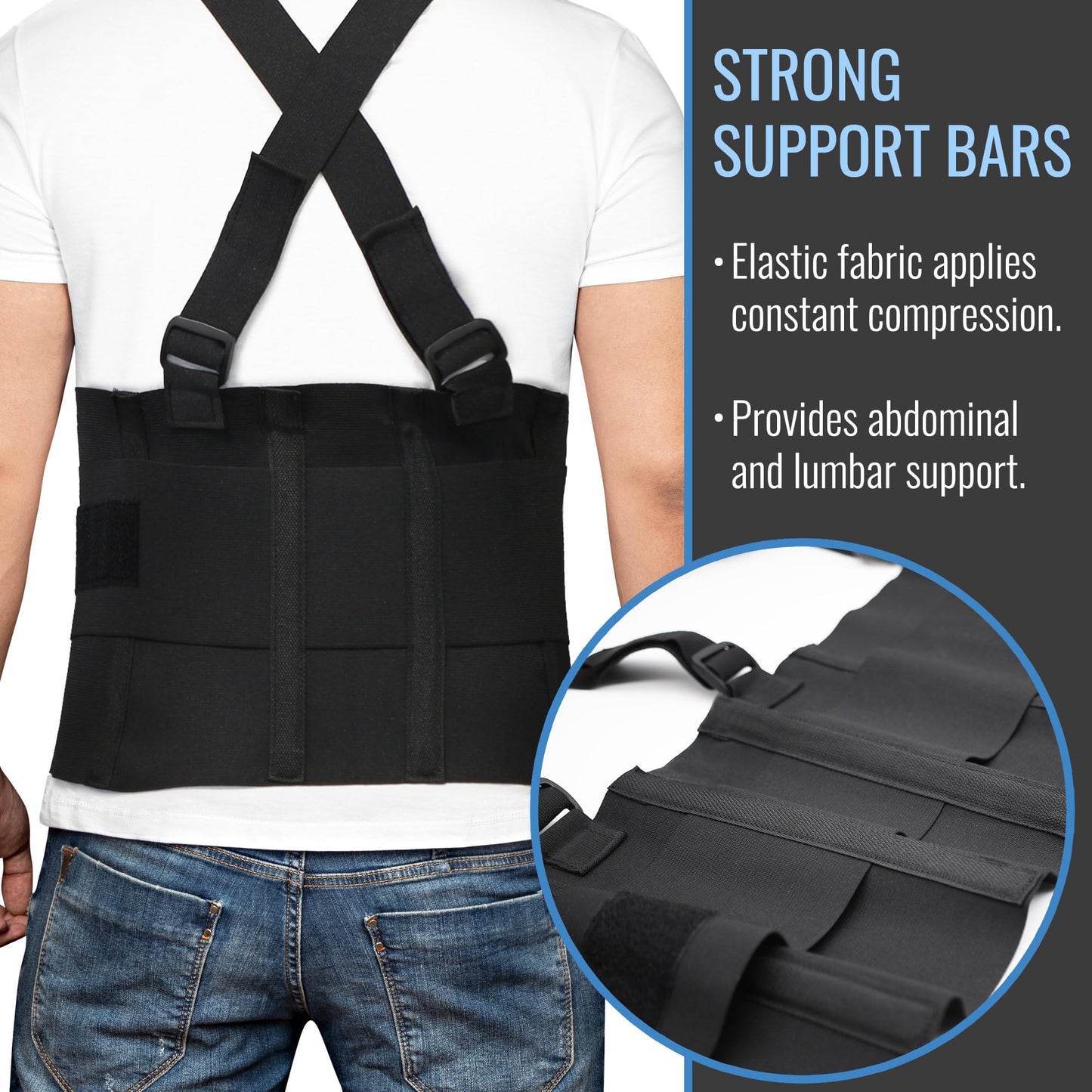 DMI Deluxe Work Belt Back Support Brace Lumbar Support with Adjustable, Removable Shoulder Straps, Fits 28-40, Black