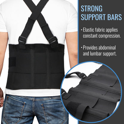 DMI Deluxe Work Belt Back Support Brace Lumbar Support with Adjustable, Removable Shoulder Straps, Fits 28-40, Black
