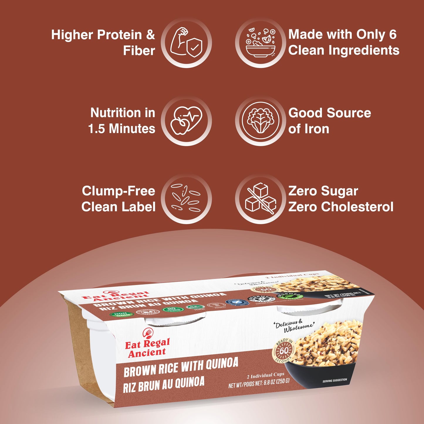 Eat Regal Brown Rice with Quinoa Cups, Nutty & Wholesome, 6 Clean Non GMO Ingredients, Ready in 1 Minute, 10g Protein 6g Fiber, Vegan Gluten-Free, 8.8oz (2×125g), No Leftovers No Mess | Pack of 6