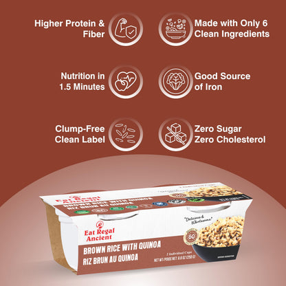Eat Regal Brown Rice with Quinoa Cups, Nutty & Wholesome, 6 Clean Non GMO Ingredients, Ready in 1 Minute, 10g Protein 6g Fiber, Vegan Gluten-Free, 8.8oz (2×125g), No Leftovers No Mess | Pack of 6