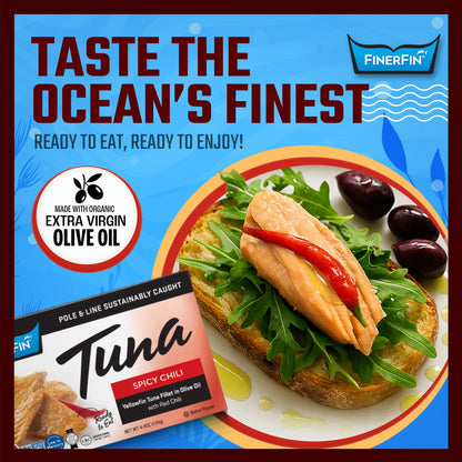 FinerFin Yellowfin Tuna Fillets in Organic Olive Oil | Spicy Chili Flavor | Premium Canned Tuna Fish with EVOO | Gourmet Ready-to-Eat Pole & Line Caught Fillets | 4.4oz can - 12 Pack