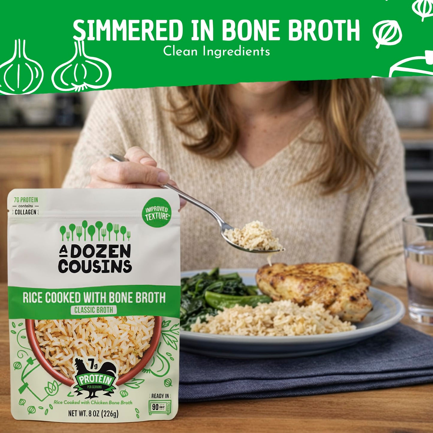 A Dozen Cousins Bone Broth Rice Variety 6pk, Ready to Eat Seasoned High Protein Rice, Clean Ingredients, Sea Salt, Classic, Spanish, Easy Side Dish, Halal, Chicken Bone Broth, Gluten Free, 8oz Packets