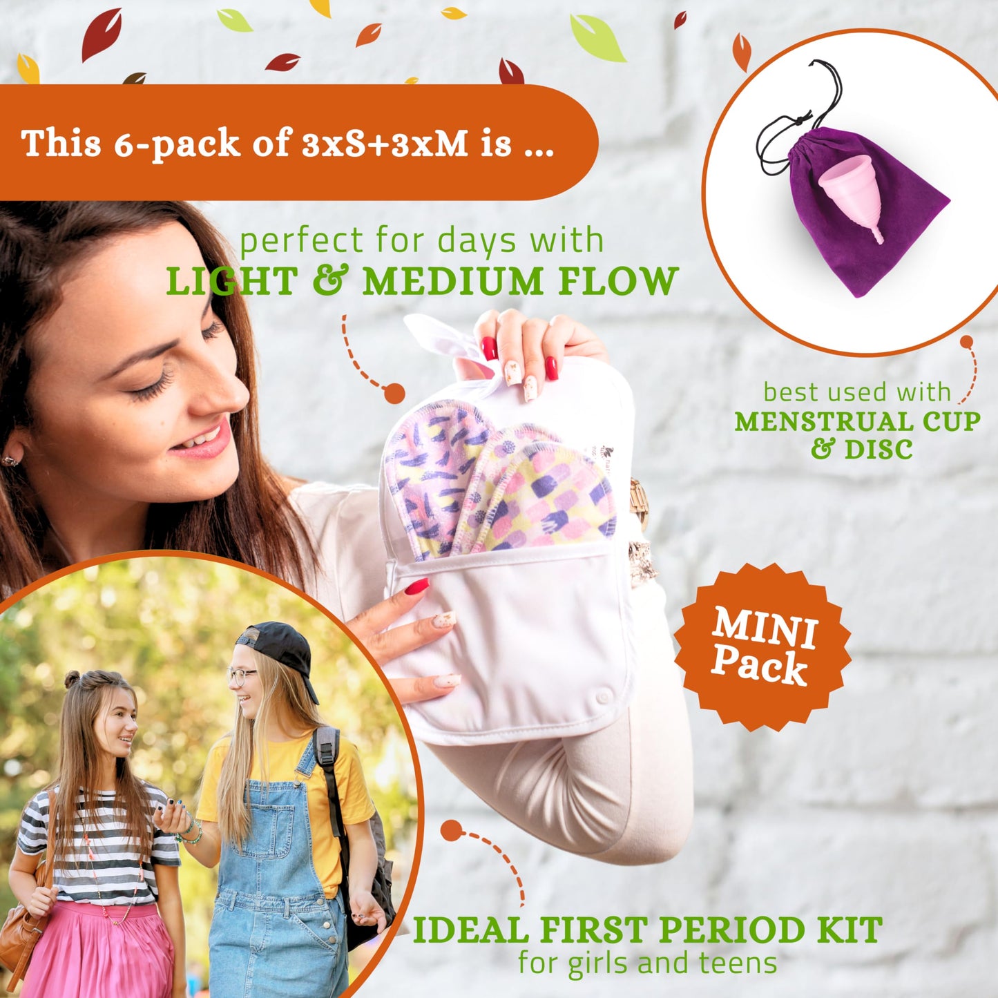 Non Slip Cloth Menstrual Pads Light Flow 6-Pack (S+M) Organic Cotton Washable Pads Menstrual for Women and Teens & Non Slip Reusable Panty Liners for Women 7-Pack (M) Thin Cloth Panty Liners