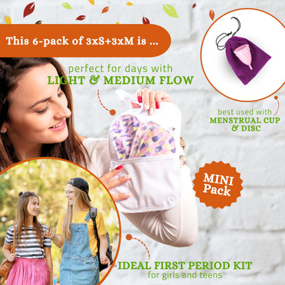Non Slip Cloth Menstrual Pads Light Flow 6-Pack (S+M) Organic Cotton Washable Pads Menstrual for Women and Teens & Non Slip Reusable Panty Liners for Women 7-Pack (M) Thin Cloth Panty Liners