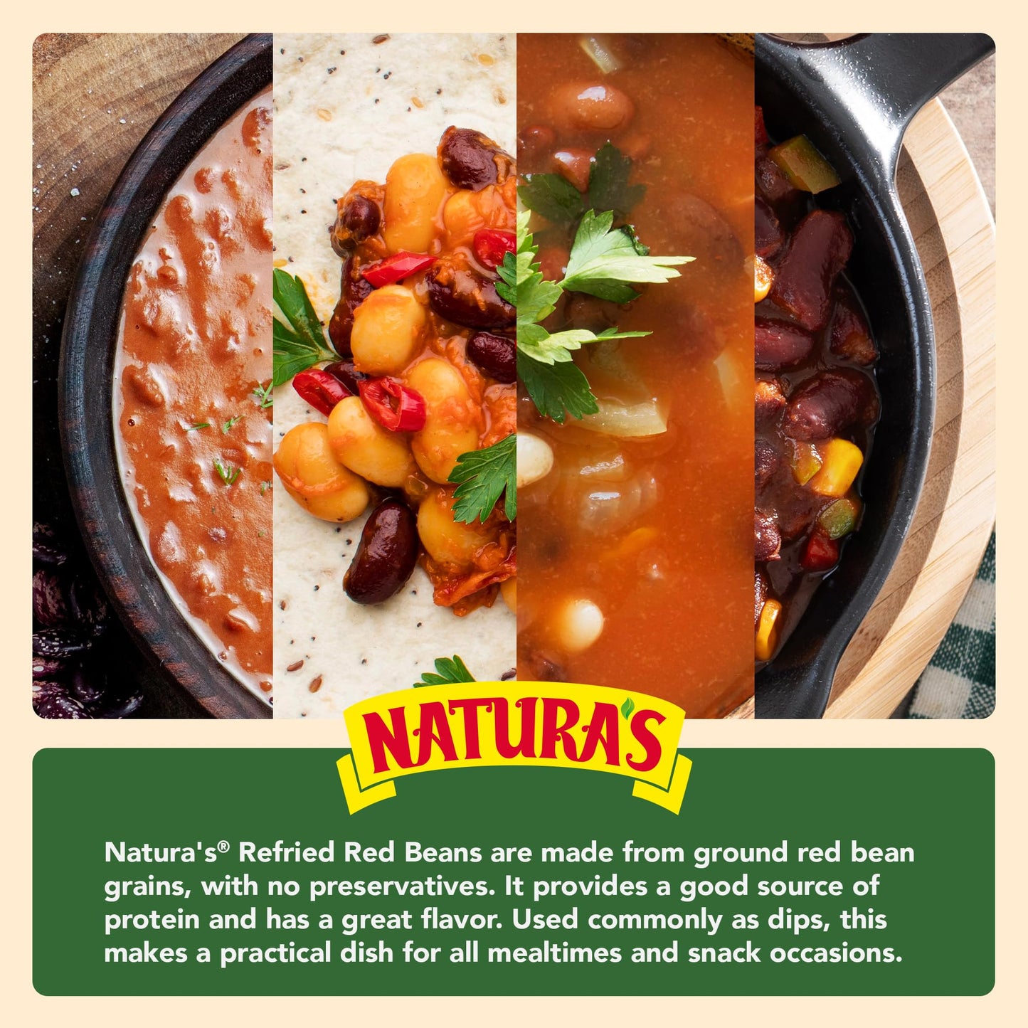 NATURA'S Refried Red Beans, Ready-to-Eat Vegetarian Refried Beans, Frijoles Rojos 26.45 oz Pouch (Pack of 12)