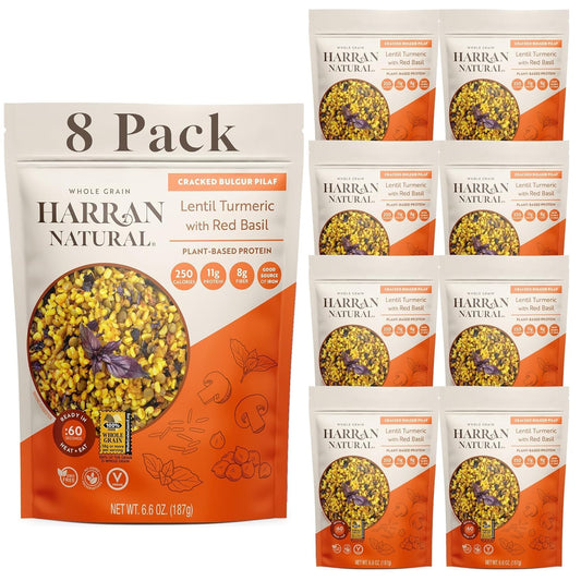 Harran Natural Whole Grain Bulgur Pilaf, Lentil Turmeric with Red Basil, Ready to Eat Healthy Superfood Meal, Non-GMO, No Preservatives, Vegan, Plant-Based Protein, 6.6 oz (Pack of 8)