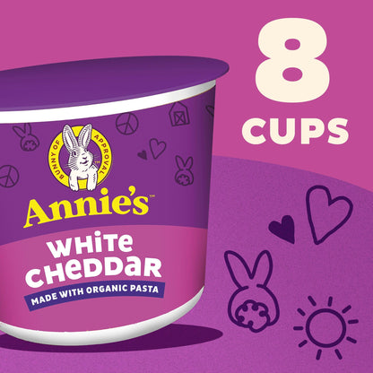 Annie's White Cheddar with Organic Pasta, Macaroni and Cheese Microwavable Cups, Made with Real Cheese, 8 Ct, 16.08 oz