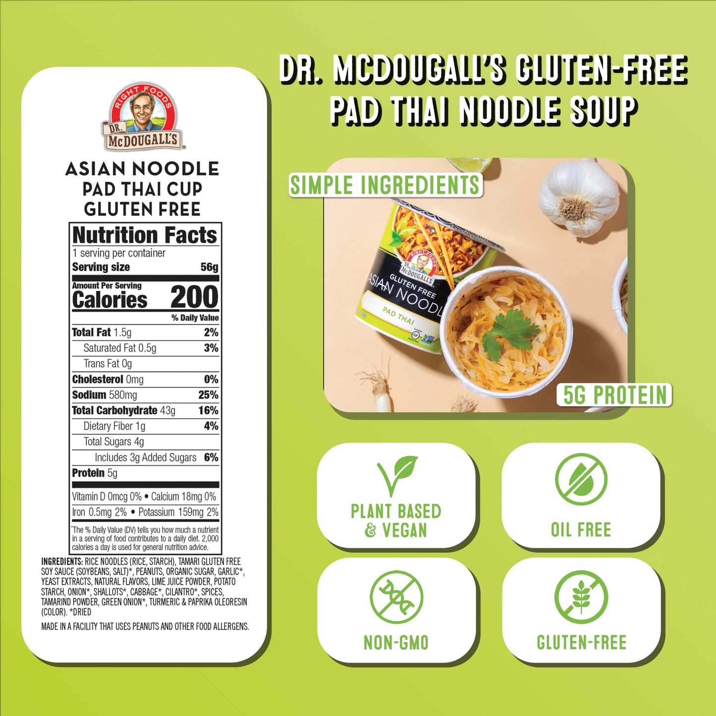 Dr. McDougall's Pad Thai Noodles - Asian Noodles - Gluten Free and Vegan - Instant Ramen Noodle Cups - Vegetarian Ramen - 2 Ounces - Pack of 6