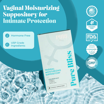 PURE WOMAN - Pure Bliss - Vaginal Moisturizing Suppositories - Hyaluronic Acid, Vitamin E, Vitamin A, Lactic Acid - Supports Vaginal Moisturization - Long Lasting Comfort & Sensitivity Relief - 10 Pk