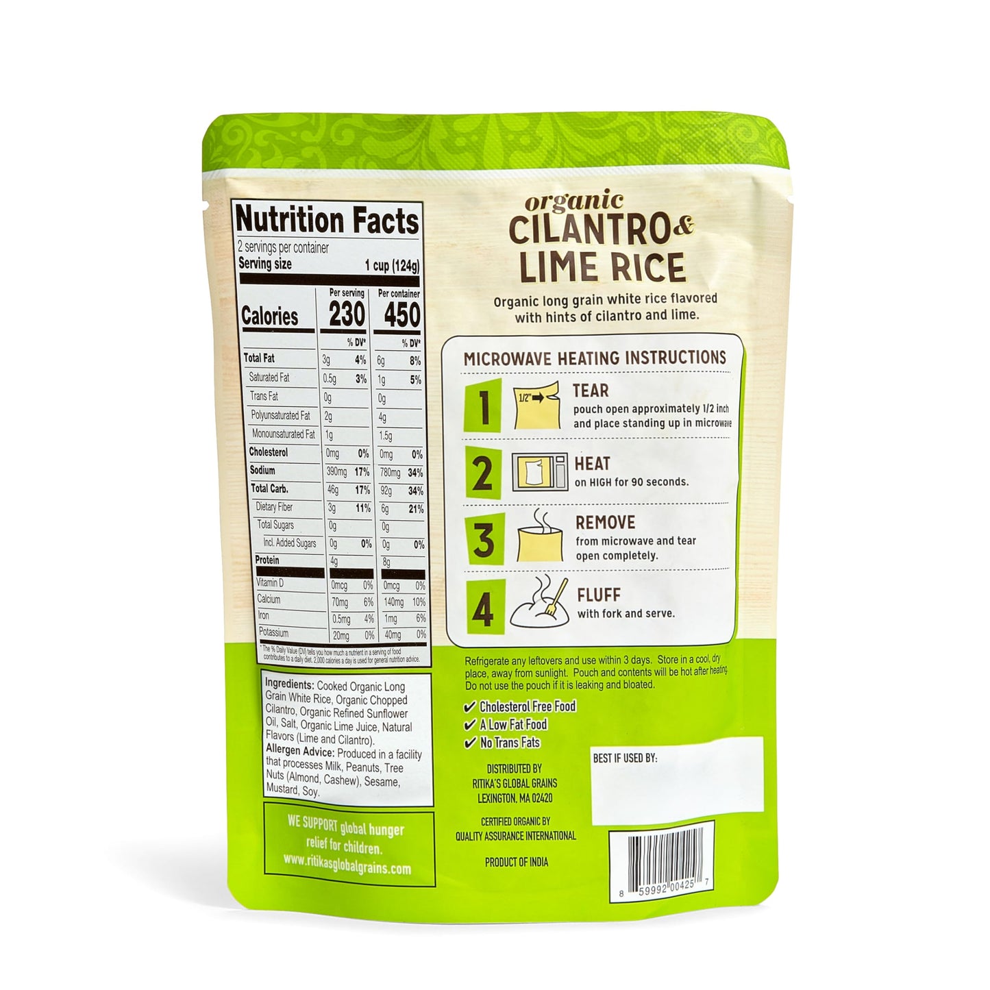 Ritika’s Global Grains Certified Organic Cilantro Lime Rice, Ready in 90 Seconds, 8.8 oz Pouches (6-Count Pack)
