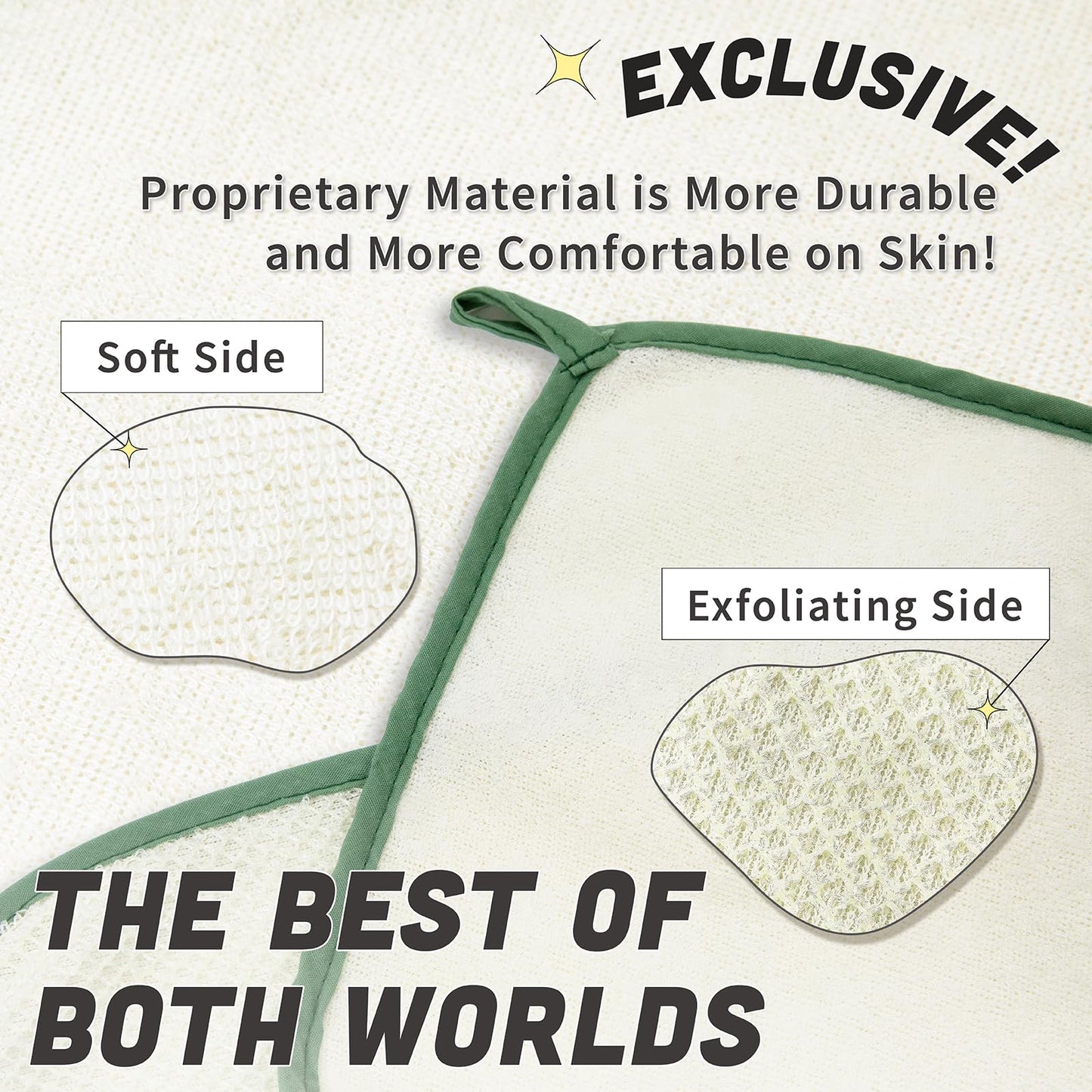 myHomeBody Dual-Textured Exfoliating Washcloth with Soft and Scrubbing Side, Body Exfoliation Scrubber for Bath, Shower, White with Green Edge, Set of 5