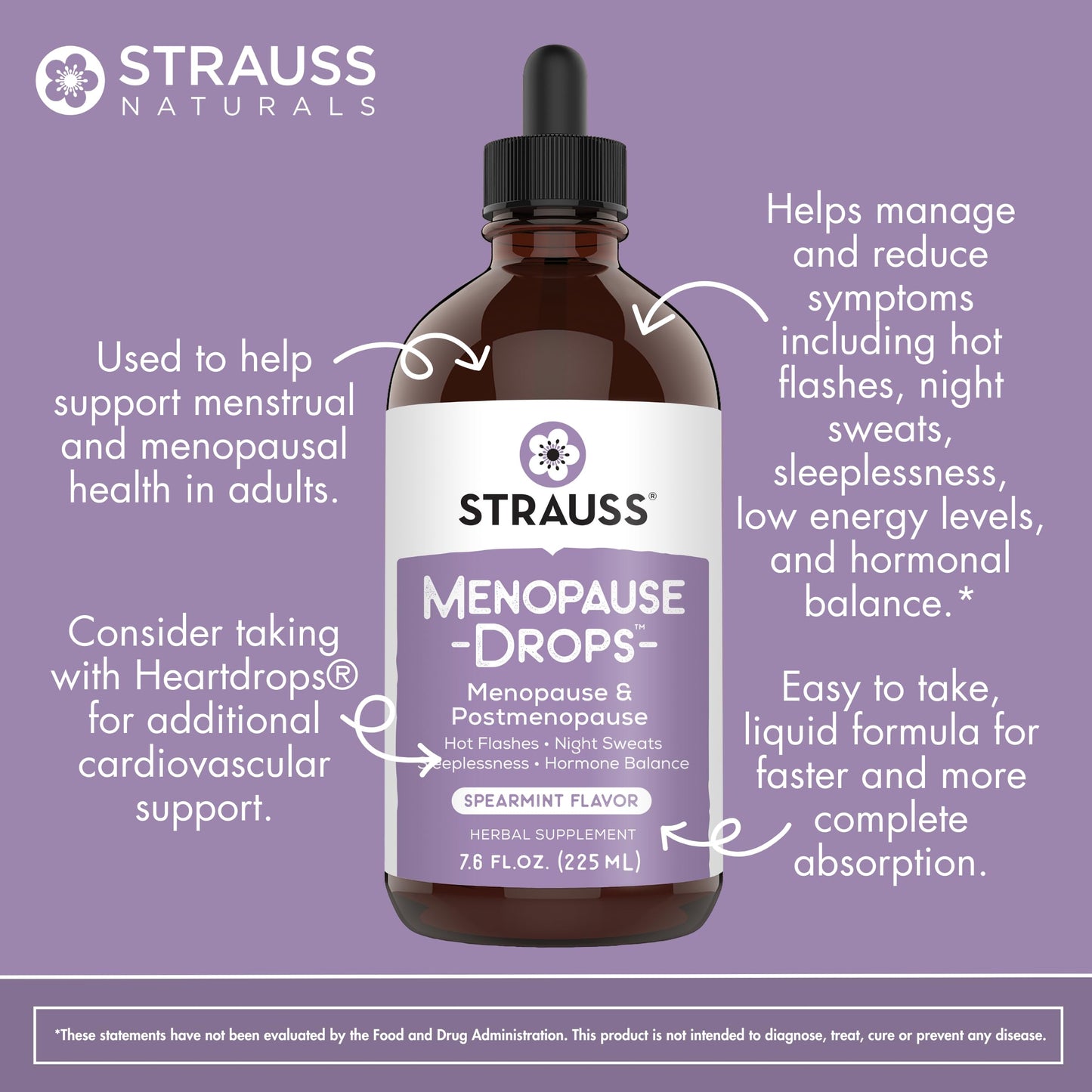 Strauss Naturals Menopause Drops 100ml – Menopause and Postmenopause Supplements for Women - Hot Flash Relief for Women, Night Sweat & Hormone Balance Support - Natural Non-GMO - Spearmint Flavor
